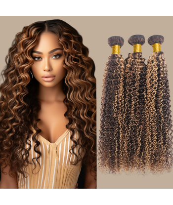 Tissage Cheveux Vierge Human Hair Kinky Curly 7A Chatain Méché Blond P4/27 100 Gr pas cher