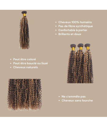 Tissage Cheveux Vierge Human Hair Kinky Curly 7A Chatain Méché Blond P4/27 100 Gr pas cher